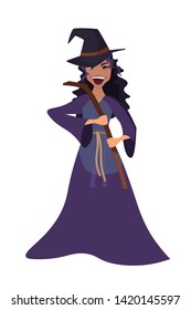 Evil witch flat vector character. Halloween costume, trick or treat. Mystical fairytale cartoon character. Magical sorceress, witchcraft