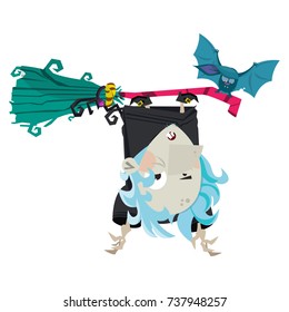 evil witch flying on broom with bat