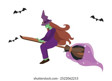 evil witch flying on a magic broom, halloween character. vector illustration.