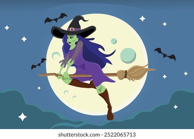 evil witch flying on a magic broom on a full moon night, halloween character. vector illustration.