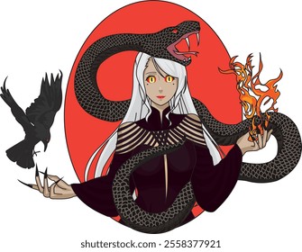 Evil witch girl with snake crow and fire vector