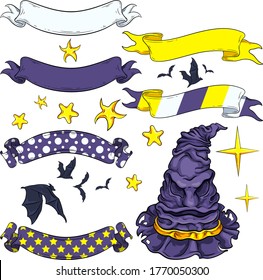 Evil witch hat with ribbons, stars and bats vector illustration set. For your Halloween, costume party and other fairytale designs, prints, posters, covers, package, stickers, cards, invitations.