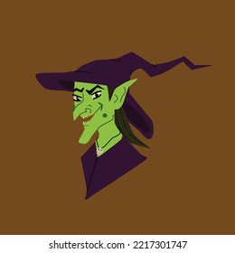 evil witch head, green skin, wicked smile, purple hat on brown background. Halloween sticker of hag,magical women, mythology