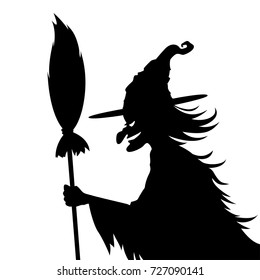 Evil witch holding her broom. White background. Vector.