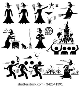 Evil Witch Hunt Witchcraft Black Magic Stick Figure Pictogram Icons