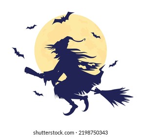 Evil witch semi flat color vector character. Editable figure. Full body person on white. Spooky bats. Full moon midnight simple cartoon style illustration for web graphic design and animation