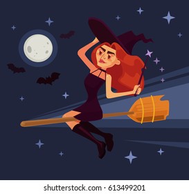 Evil witch woman character flying on broom. Vector flat cartoon illustration
