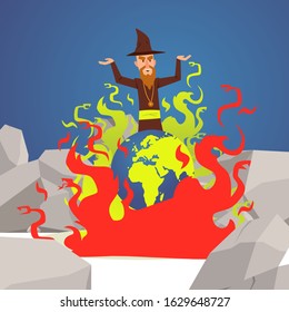 Evil wizard cast spell on Earth, planet burns in flames, vector illustration. Old sorcerer in hat, powerful witchcraft, evil magic spell. Sinister wizard put Earth on fire, doomed planet in flames