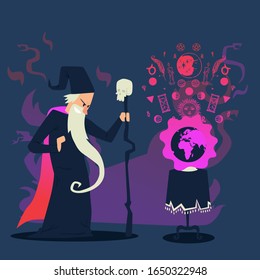 Evil wizard casting spell on planet Earth, cartoon character vector illustration. Old sorcerer with long beard and magic staff. Angry wizard cast spell with occult runes, magic symbols, evil sorcerer
