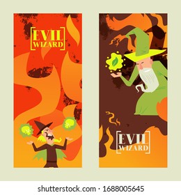 Evil wizard, mage, old sorcery, toxic fire ball, flat vector illustration. Design character male aged sorcery, miracle design banner. Dangerous spell, destructive casts magic incantation.