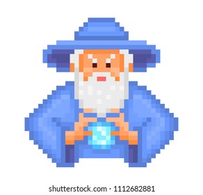 Evil wizard putting spell, cartoon pixel art character isolated on white background. Old school retro 80s,90s 8 bit video game graphics. Halloween mascot. Old bearded magician in blue hat and robe.