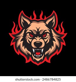 Evil wolf head logo on fire.vector illustration