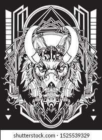 evil wolf mask robot cybernetic black and white with sacred geometry background for tshirt design