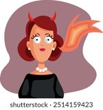 
Evil Woman with Devil Horns Breathing Fire Vector Cartoon. Unhappy mean lady spitting fire and belittling
