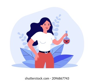 Evil woman holding deadly poison potion. Mischievous girl with glass bottle with skull symbol flat vector illustration. Danger, revenge concept for banner, website design or landing web page