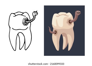 Un gusano malvado ha arruinado un diente molar. Concepto de Caries. Ilustración del vector de color aislada sobre un fondo blanco en una caricatura y diseño plano.