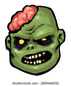 evil zombie head with brains on its head scary vector illustration
