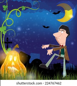 Evil zombie and jack o lantern in the night cemetery. Halloween night scene