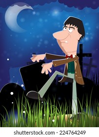 Evil zombie in the night cemetery. Halloween night scene