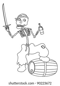 Evil zombie pirate jolly skeleton with a sword, a bottle of wine and a barrel, contours. Vector