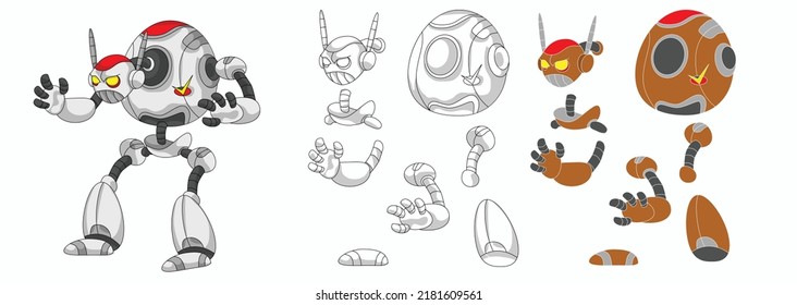 Evil-faced skinny cartoon robot with separate components isolated on a white background suitable for animation design and vector illustration needs about robots
