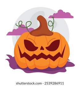 Evil-looking jack-o -lantern pumpkin with a crooked stem and full moon background, Vector illustration