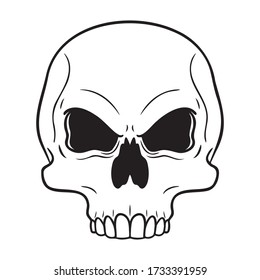 evil  looking outline comic skull without jaws  white background  vector illustration 