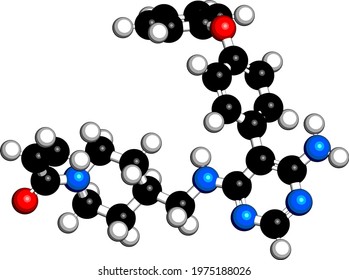 Evobrutinib drug molecule. 3D rendering. Atoms are represented as spheres with conventional color coding: hydrogen (white), carbon (black), nitrogen (blue), oxygen (red).