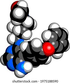Evobrutinib drug molecule. 3D rendering. Atoms are represented as spheres with conventional color coding: hydrogen (white), carbon (black), nitrogen (blue), oxygen (red).