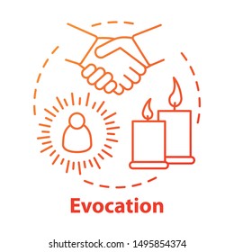 Evocation concept icon. Spiritualistic session, divination service. Occultism and esoterics idea thin line illustration. Candles and holding hands vector isolated outline drawing. spirits conjuration