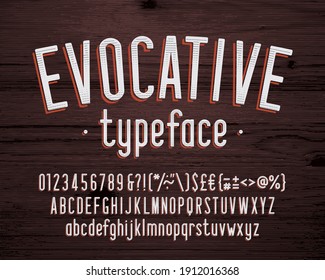 Evocative alphabet font. Vintage condensed letters, numbers and symbols. Uppercase and lowercase. Stock vector typescript for your typography design.