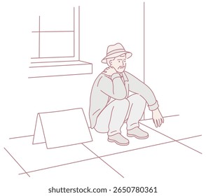 Uma ilustração evocativa mostra um homem pensivo agachado por uma janela, refletindo sobre os desafios da vida