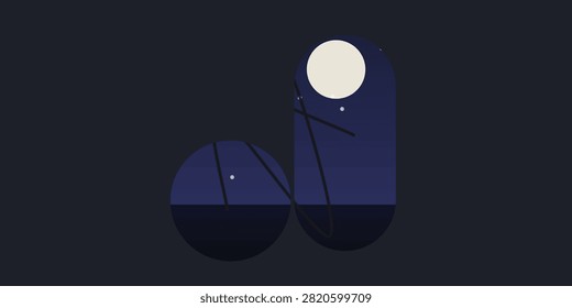 An evocative night scene illustration capturing a glowing moon above dark silhouettes. The composition is peaceful and mysterious perfect for atmospheric design projects.