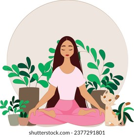 An evocative vector illustration showcasing a serene girl engrossed in her yoga practice amidst lush indoor plants. As she strikes a pose, a whimsical cat gazes at her with curiosity. 