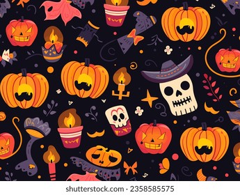 Evoke Halloween with our spooky seamless vector illustration. Perfect for decorations, stationery, and more.