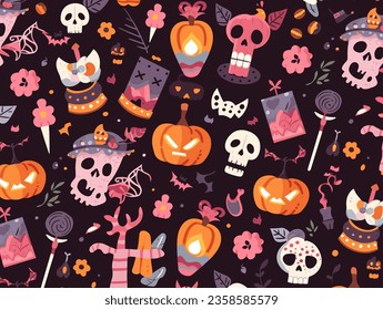 Evoke Halloween with our spooky seamless vector illustration. Perfect for decorations, stationery, and more.