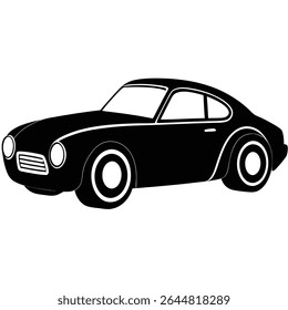Evokes a vintage aesthetic with a monochrome black sports car silhouette featuring rounded headlights, a sleek body, and distinct wheels against a transparent backdrop.