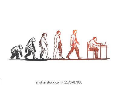 Evolution, businessman, programmer, primitive concept. Hand drawn figures of primates and humans, evolution concept sketch. Isolated vector illustration.