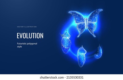 Evolution of a butterfly in a digital futuristic style. Insect life cycle, transformation from caterpillar to butterfly. The concept of a successful startup or investment or business transformation