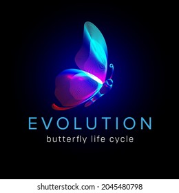 Evolution Butterfly Life Cycle. Flying Moth Neon Silhouette In 3D Line Art Style. Vector Illustration Of Glowing Papillon Wireframe Side View Isolated On A Dark Background