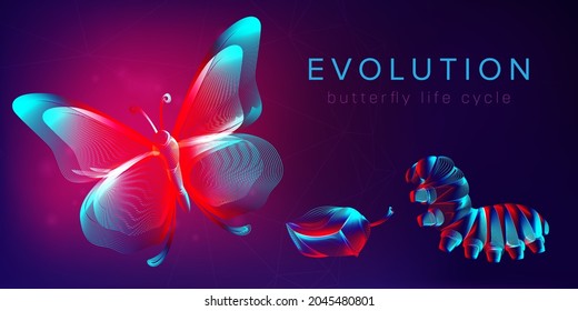 Evolution of a butterfly life cycle horizontal banner. 3D vector illustration with abstract stereo neon silhouettes of insects: caterpillar, pupa and butterfly. Metamorphosis concept in line art style