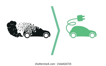 The Evolution Of The Car. Car Icon With Exhaust Gases In The Form Of A Cloud Of Smoke. Electric Car Icon. The Concept Of Environmental Protection.