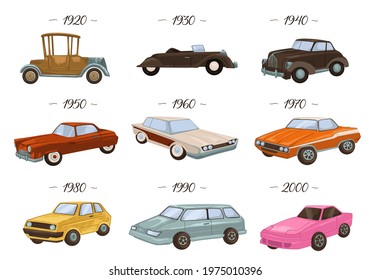 Evolution of cars, isolated vintage and retro automobiles of 20s and 30s, 40s and 50s, 60s and 70s. Development and classic design of vehicles, transport of 1980s and 1990s. Vector in flat style