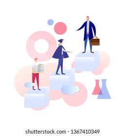 Entwicklung des Charakters von Studierenden zu Absolventen und Berufsspezialisten. Guy with Books stehen auf Low Level, Man in Graduation Mantle in Center, Business Man. Cartoon Flache Vektorgrafik.