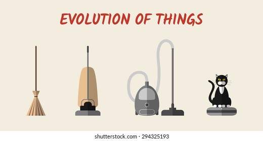 Evolution of cleaning devices: a broom, retro and modern vacuum cleaners, and a robotic one with a cat sitting on it. Set of modern flat style icons, eps10.