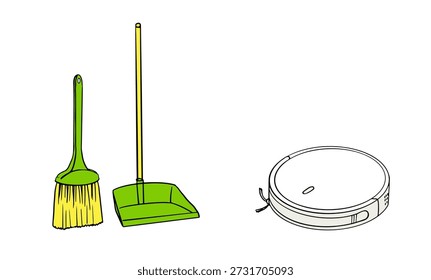 evolução da limpeza. vassoura tradicional e poeira versus aspirador de pó robô moderno. Ilustração de desenho animado. Para conceitos de progresso, tecnologia ou automação residencial inteligente.