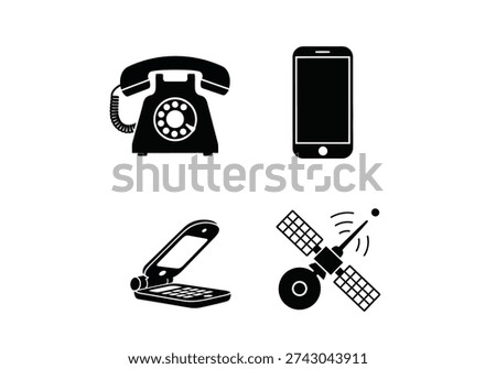 Evolution of communication devices from rotary phone to smartphone, flip phone, and satellite for global connectivity.