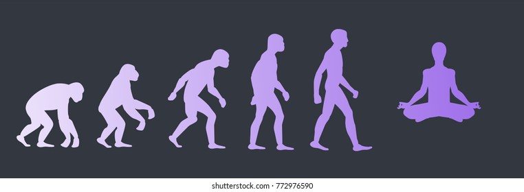 Evolution Concept Of Enlightenment, Vector Illustration With Chimpanzee - Human - Human In Lotus Pose