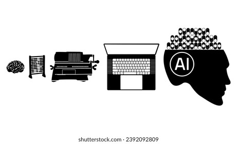 evolución del conteo, cerebro, abacus, máquina antigua de recuento manual mecánico, portátil, emblema de inteligencia artificial