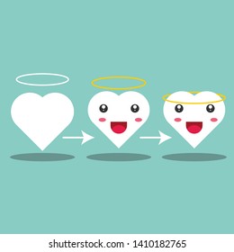 Evolution of cute heart mascot on green background with its shadow and angel ring above it. EPS Vector